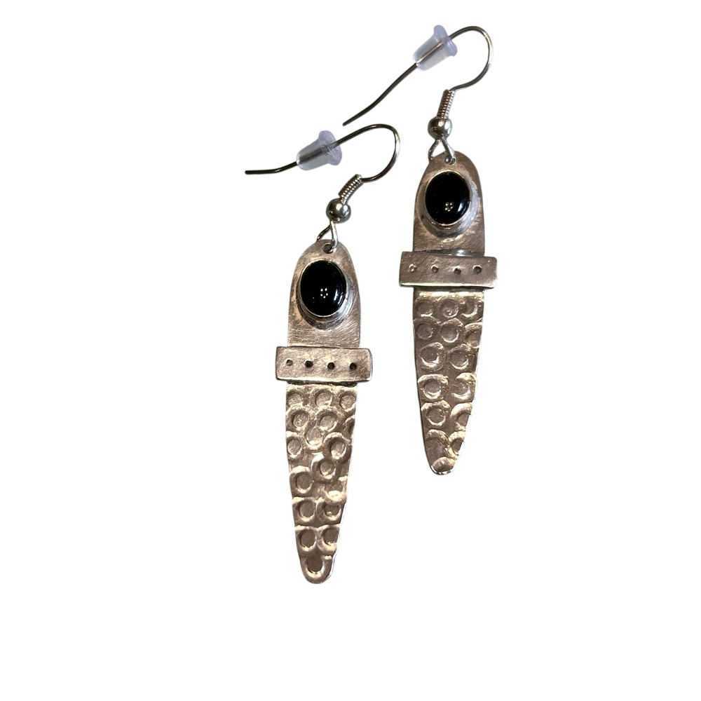 Handmade SKILRA Sterling Silver Earrings OS Silver Black Onyx Brutalist Hammered